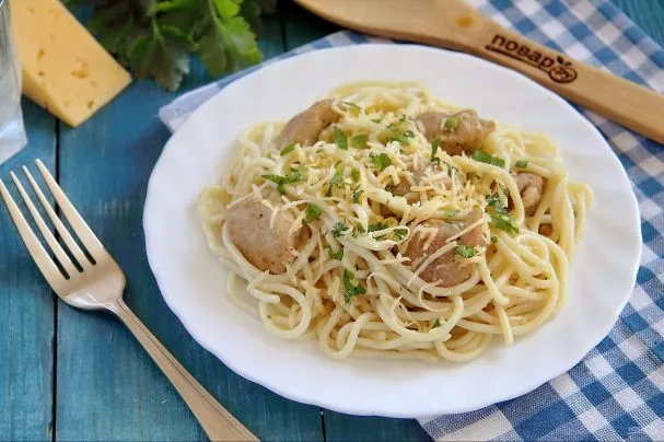 Куриная печень с грибами